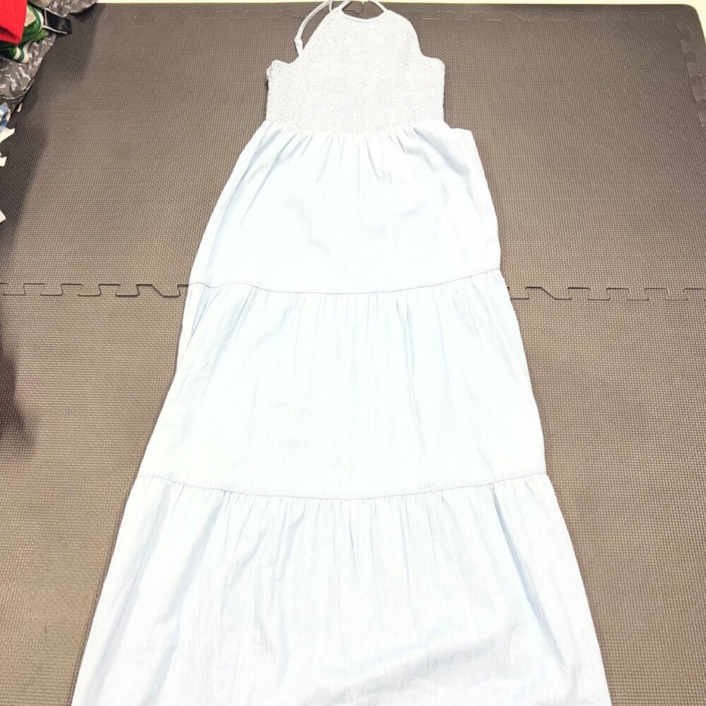 Venus Light Blue Halter Maxi Dress With Shirred Bodice & Tiered Skirt